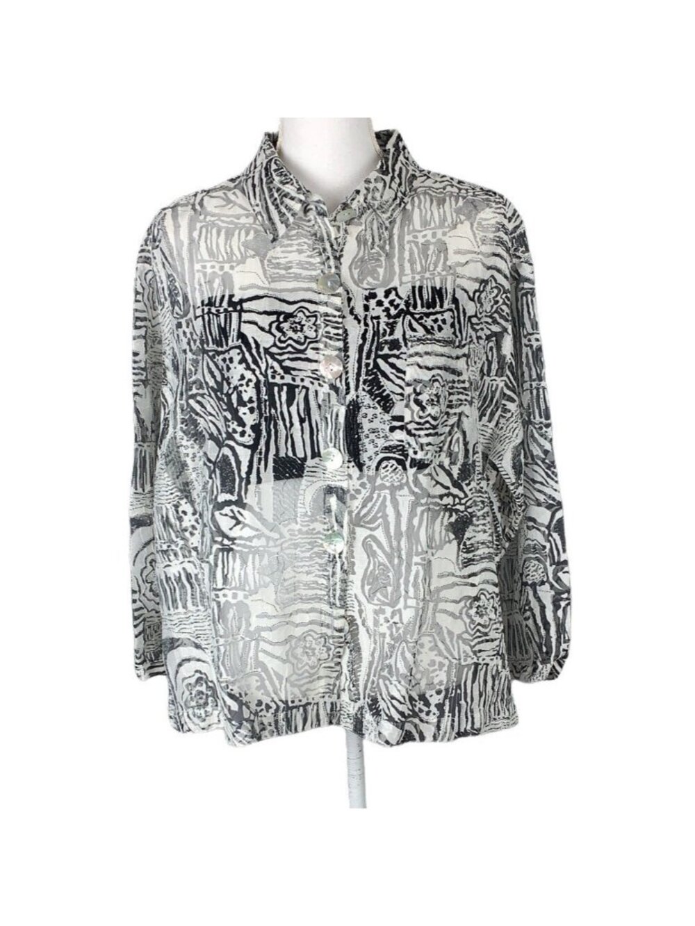 Chicos Design Sheer Button-Down Blouse Black White Abstract Print Size 16